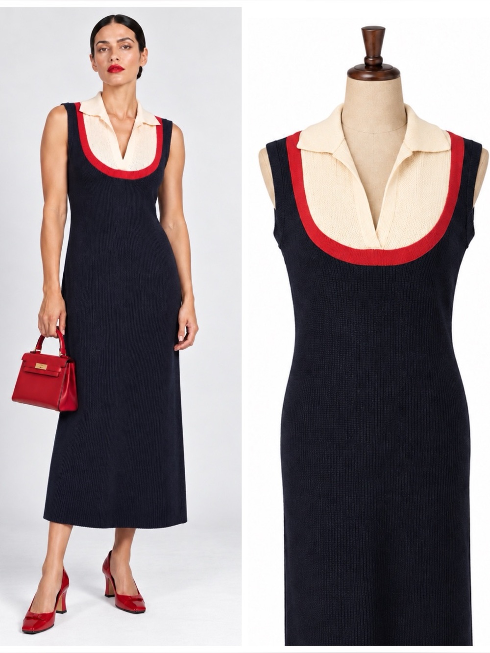 Vintage sweater dress with white collar, red trim, navy blue body. L
